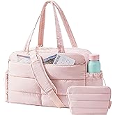 BAGSMART Gym Bag for Women, Lightweight Puffer Duffle Bag 2-PC Travel Bag, 31L Weekender Overnight Bag Quilted Carry On Tote Bag, Diaper Hospital Dance bag for Travel, Gym, Water Resistant, Pink