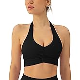PAVOI ACTIVE Ruching Workout Halter Bra for Women - Low Support V Neck Yoga Backless Sports Bra Padded Halter Top - FlexFlow