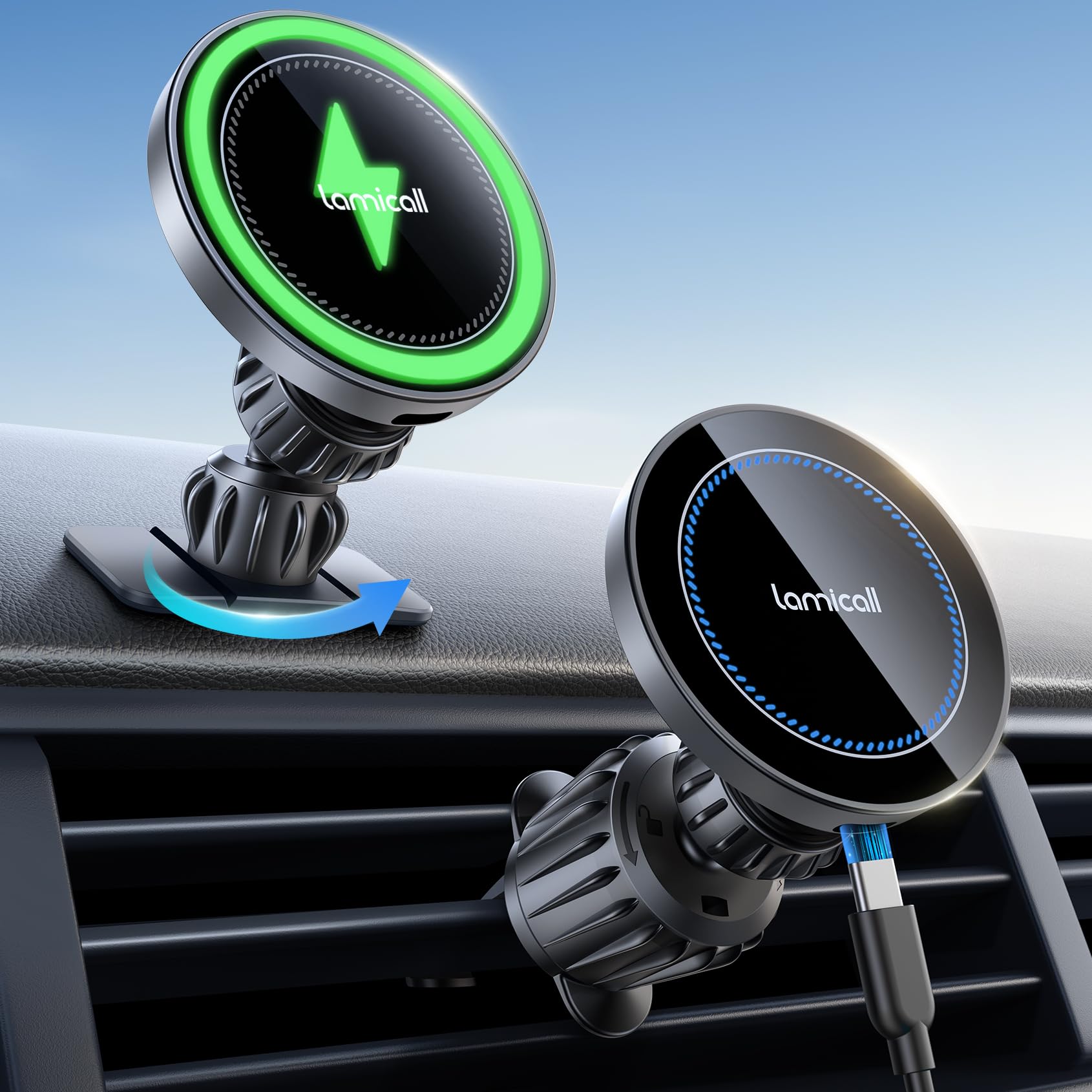 Photo 1 of Lamicall 15W for Magsafe Car Mount Charger - [3-in-1 Upgraded Intelligent Chip] 360° Wireless Car Phone Holder Charger Vent Dashboard Silver Gray