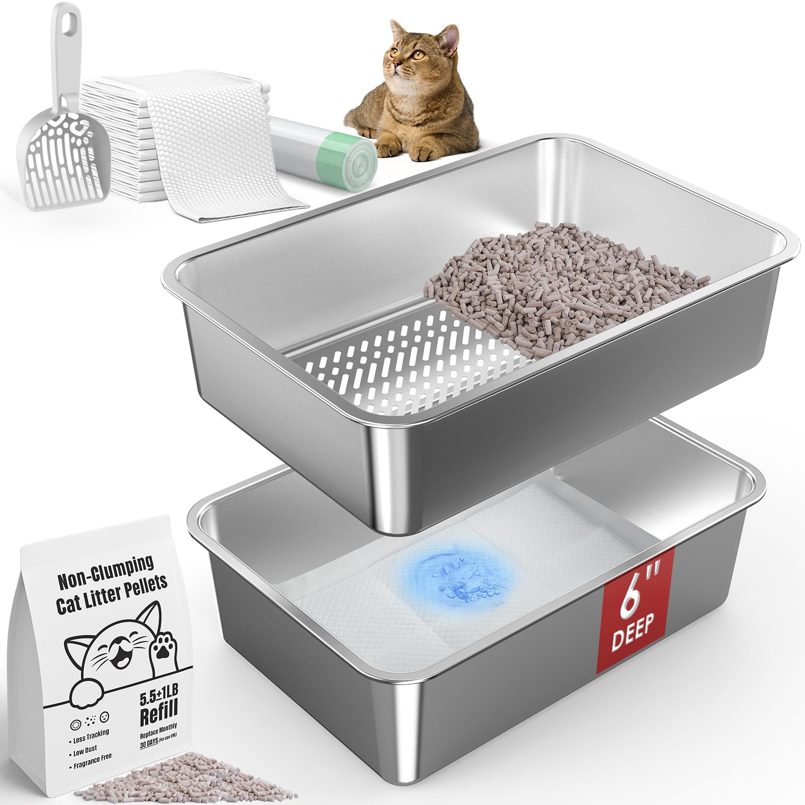Photo 1 of 19.7''x13.7''x6'' Suzzipaws Stainless Steel Sifting Litter Box, Metal Cat Litter Box for Big Cats, Sifting Litter Pan Tray for Non-Clumping Litter, Easy Cleaning, with Zeolite Cat Litter Pellets