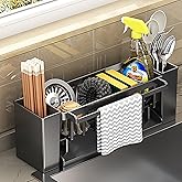 RAKSONIC Utensil Holder, 3 Compartments Utensil Drying Rack, Dish Drainer for Kitchen Counter,Kitchen Utensils Holder with Towel Bar,Self-Draining Tray Design(Gray)