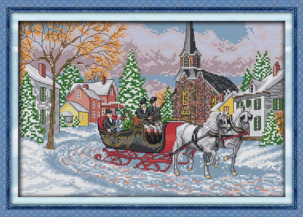 OWN4B Cross Stitch Kits Pre Printed, Horse Sled Stamped Pattern 11CT 18.9x13.8 inch DIY Embroidery Kit (Carriage)