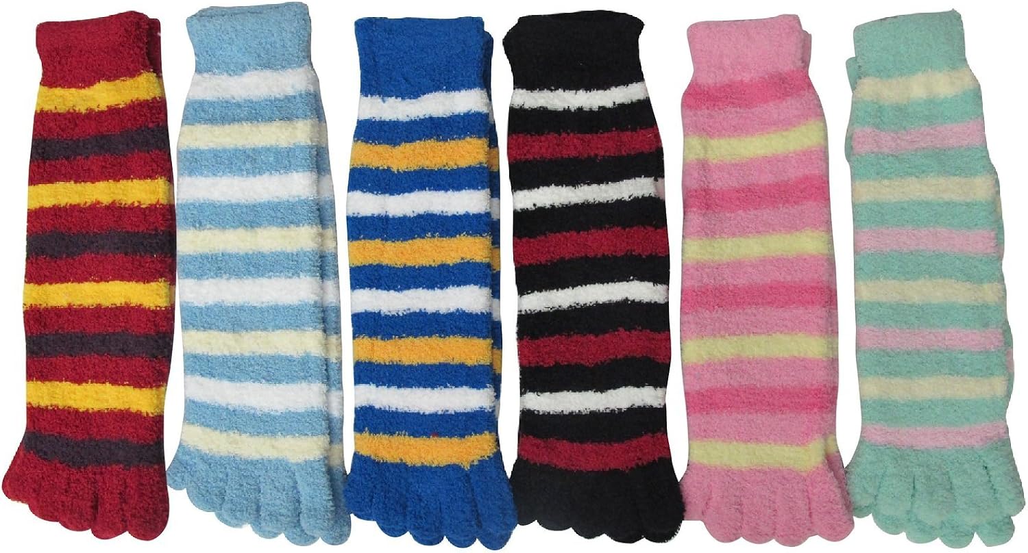 Toe Socks, Super Soft Stripe Fuzzy Toe Socks, 6 Pair, Size 911 Clothing