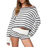 Faymlc Women Striped Sweater Set Long Sleeve Sweater and Shorts Set 2 Piece Fall Matching Set Loungewear