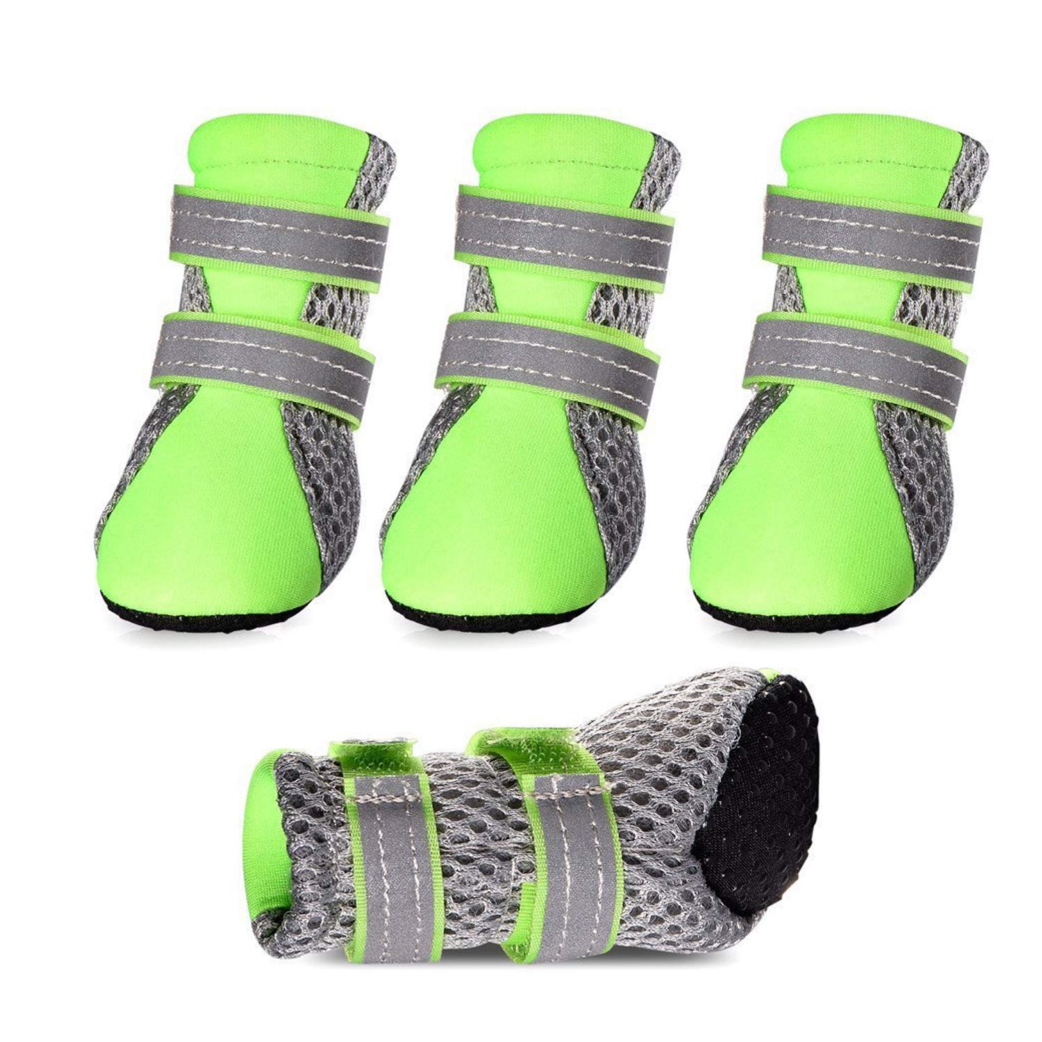 PETCUTE Dog Boots Waterproof Dog Shoes with Reflective Straps Breathable Dog Paws Protector Anti-Slip Pet Protective Boot Outdoor(Green L-5.3 * 4.0 cm)