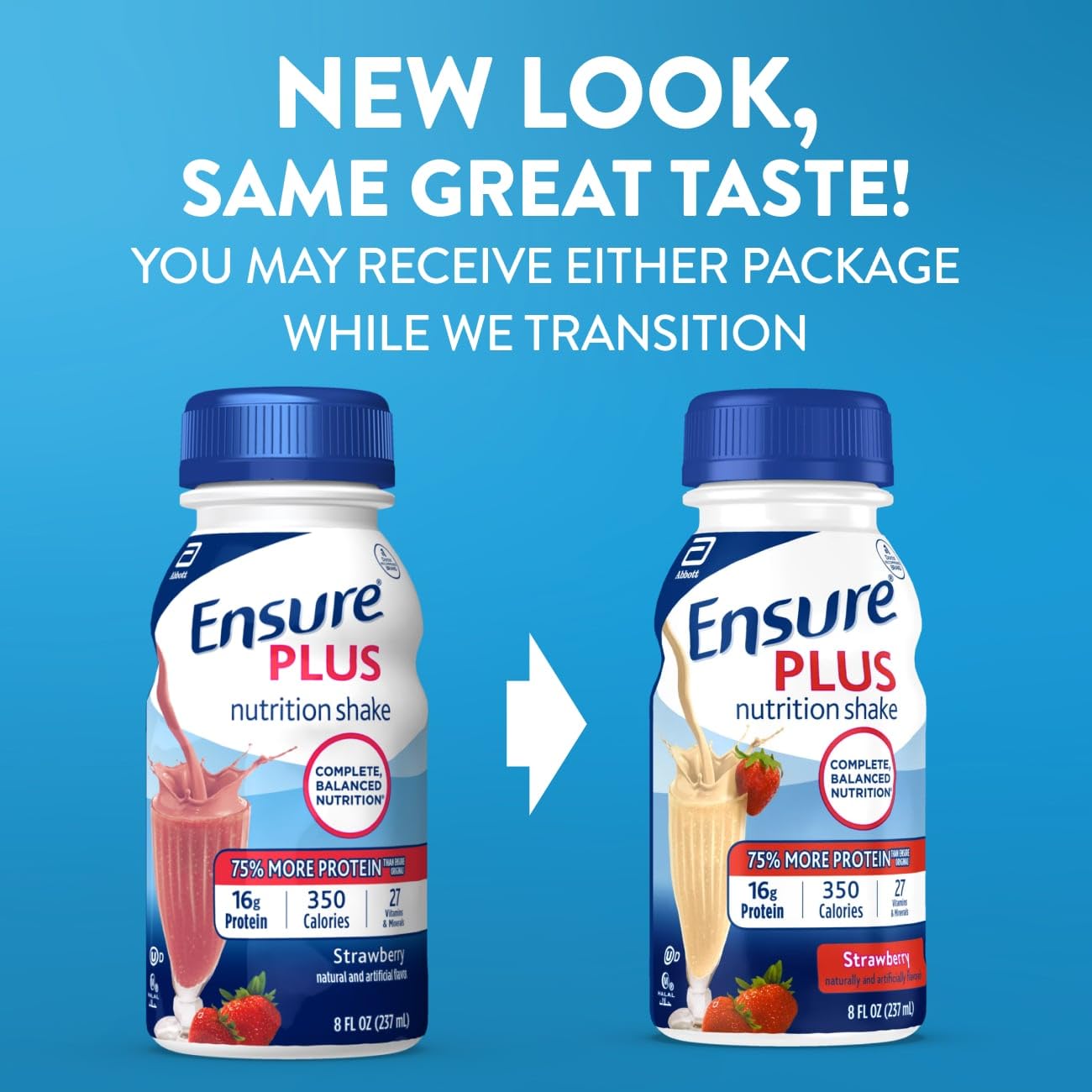 Ensure Plus Strawberry Nutrition Shake | Meal Replacement Shake | Ready To Drink | 16g Protein and 27 Vitamins and Minerals | 8 fl oz - 24 Pack