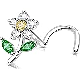 MeIighting 20G Sterling Silver 925 Flower Nose Stud S-Shaped Nose Piercing 7 mm Nose Ring Silver Nose Ring Clear CZ Cute Nose Piercing Jewelry for Women