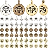 PH PandaHall 60PCS Lotus Flower Charms, 3 Colors Tibetan Alloy Floral Charms Pendants Flat Round Metal Dangle Charms Crafts Supplies for Bracelet Necklace Earring Jewelry Making DIY Crafts