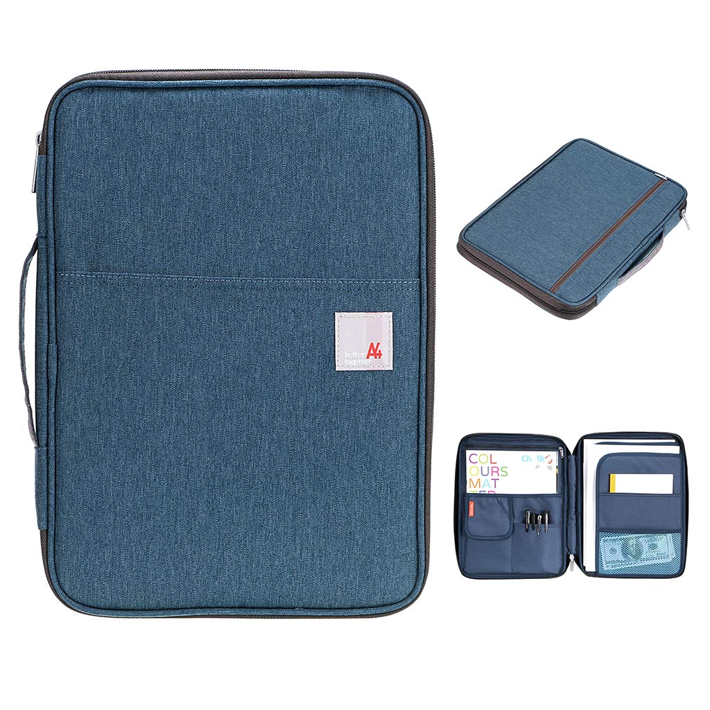 BSTKEY Multi-Functional A4 Document Bags Portfolio Organizer-Waterproof Travel Pouch Zippered Case for Ipads, Notebooks, Pens, Documents (Dark Blue)