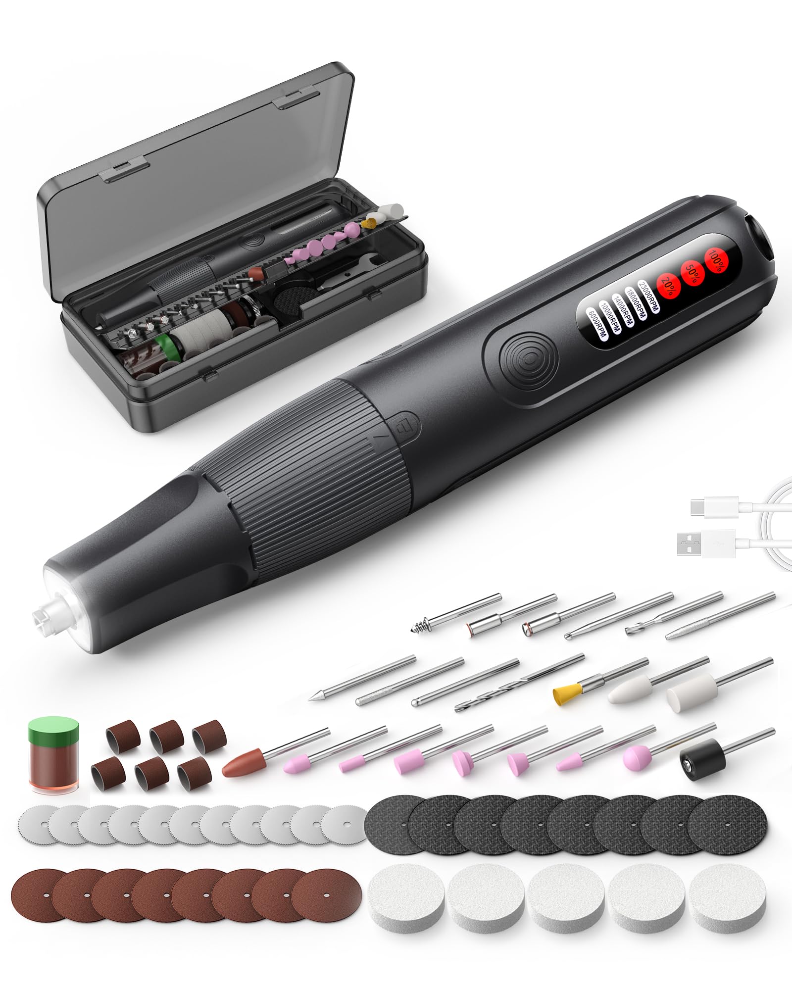 Photo 1 of Cordless Rotary Tool, 8V Multi Tool with Auto-Lock Chuck & 5 Speed, 23,000RPM Rechargeable Engraver Kit with 62 Accessories, for Sanding, Polishing, Drilling, Carving, DIY Crafts