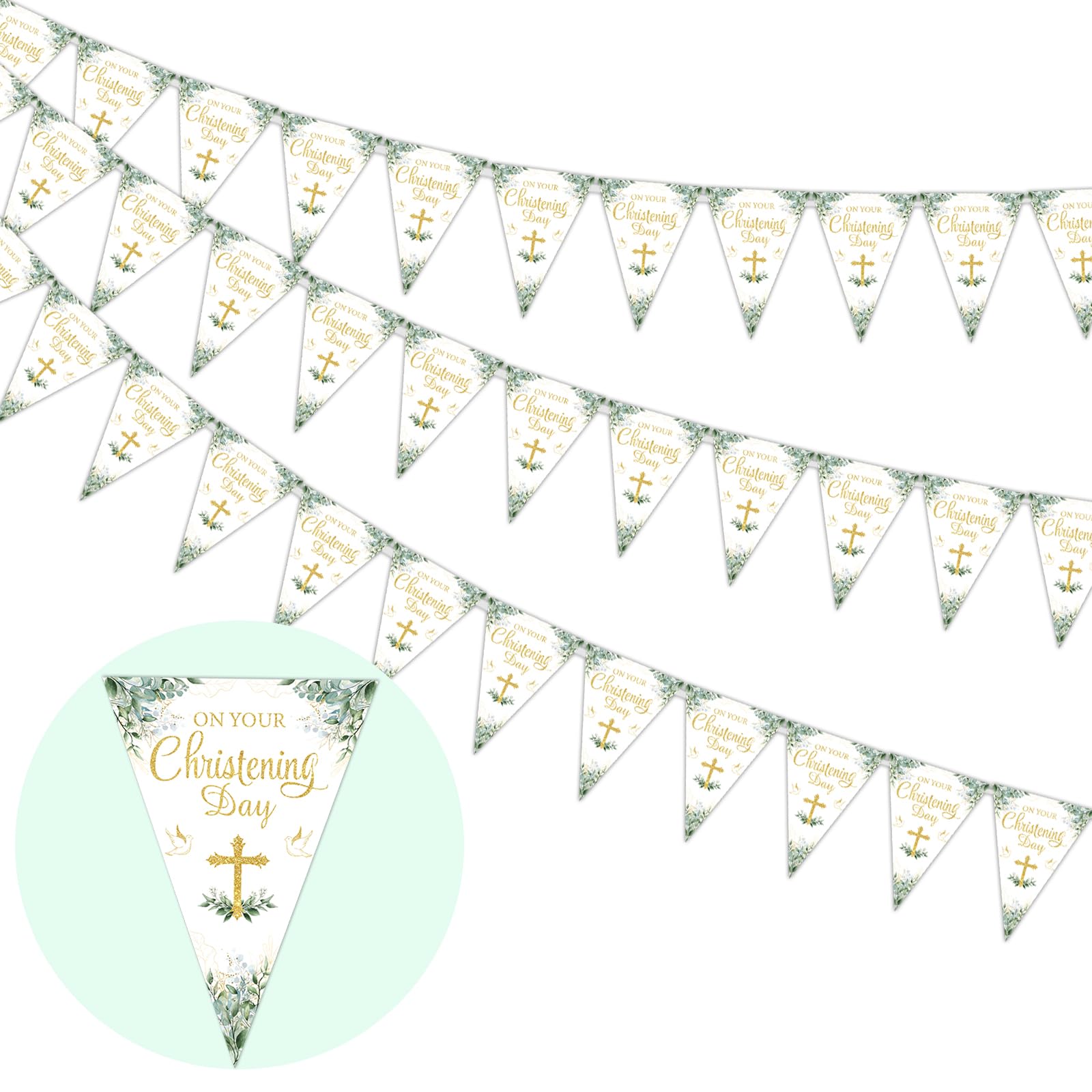 Cheereveal 3 Pack Christening Banners Decorations Sage Green, 36pcs Baptism Bunting Flags, First Holy Communion Confirmation Decor for Boys Girls, Christening Day Party Supplies