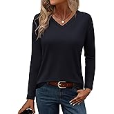 YUCOLEN Women's Long Sleeve Shirts V Neck Cotton T-Shirt Solid Color Casual Tops Basic Tees for Women