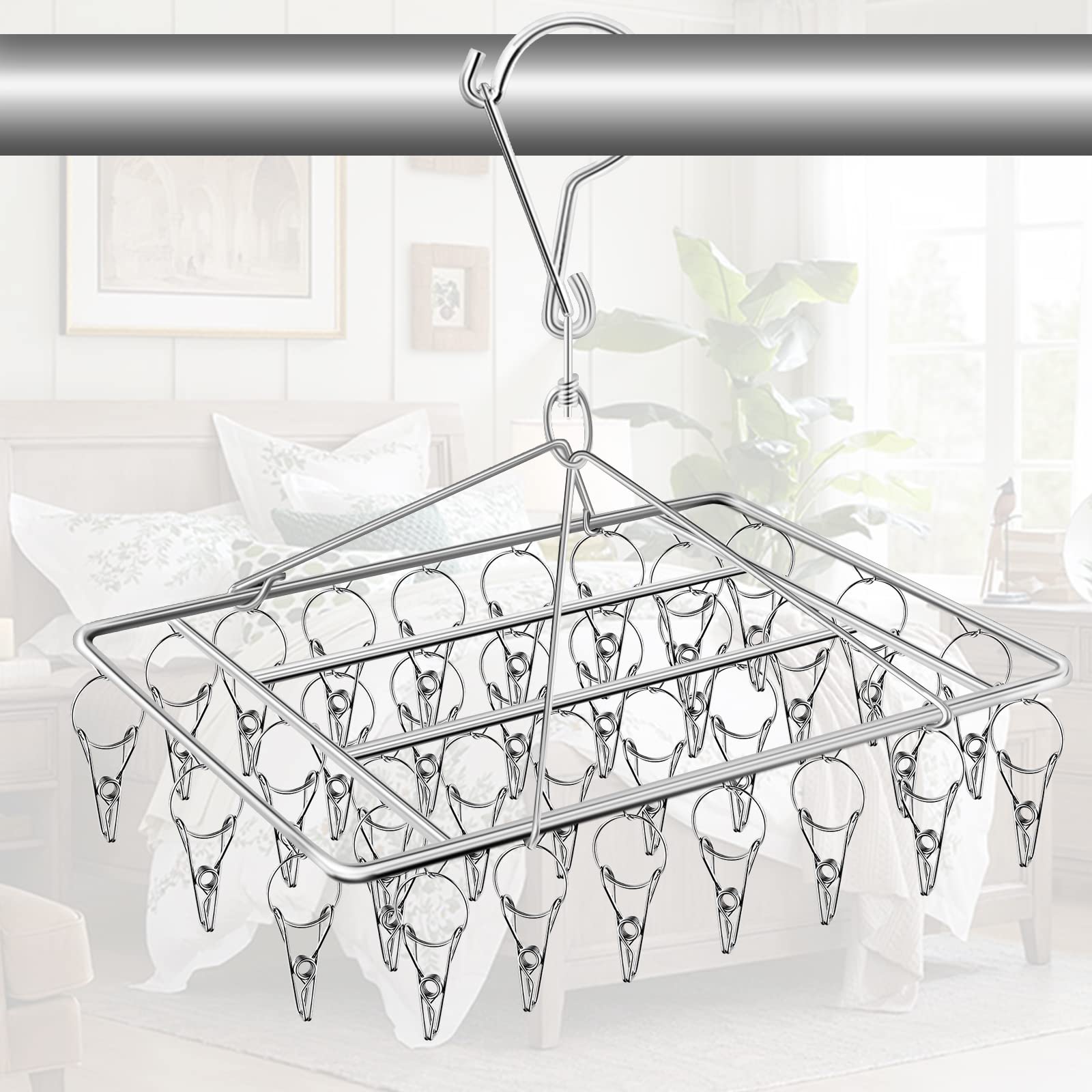 Sock Dryer with 36 Pegs, Stainless Steel folding Sock Underwear Hanger with Clips for Washing Line, Rectangle Laundry Metal Multi Peg Drying Rack for Hanging Baby Clothes, Underwear, Socks, Airer