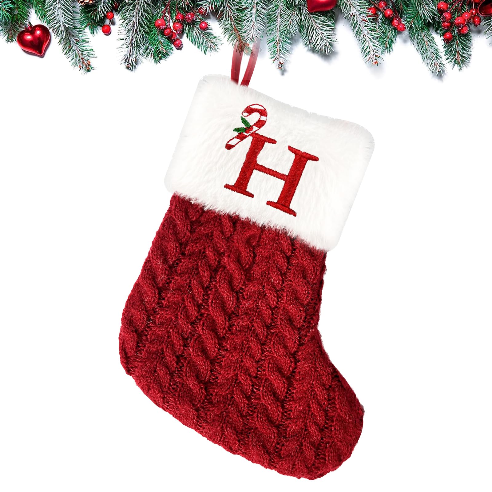 Christmas Stockings 7.9 inch Personalised Knitted Stocking with Letter Monogram Xmas Stockings Red Christmas Stockings Plush Cuff Hanging Stockings Gifts Holding for Xmas Tree Holiday Ornament (H)