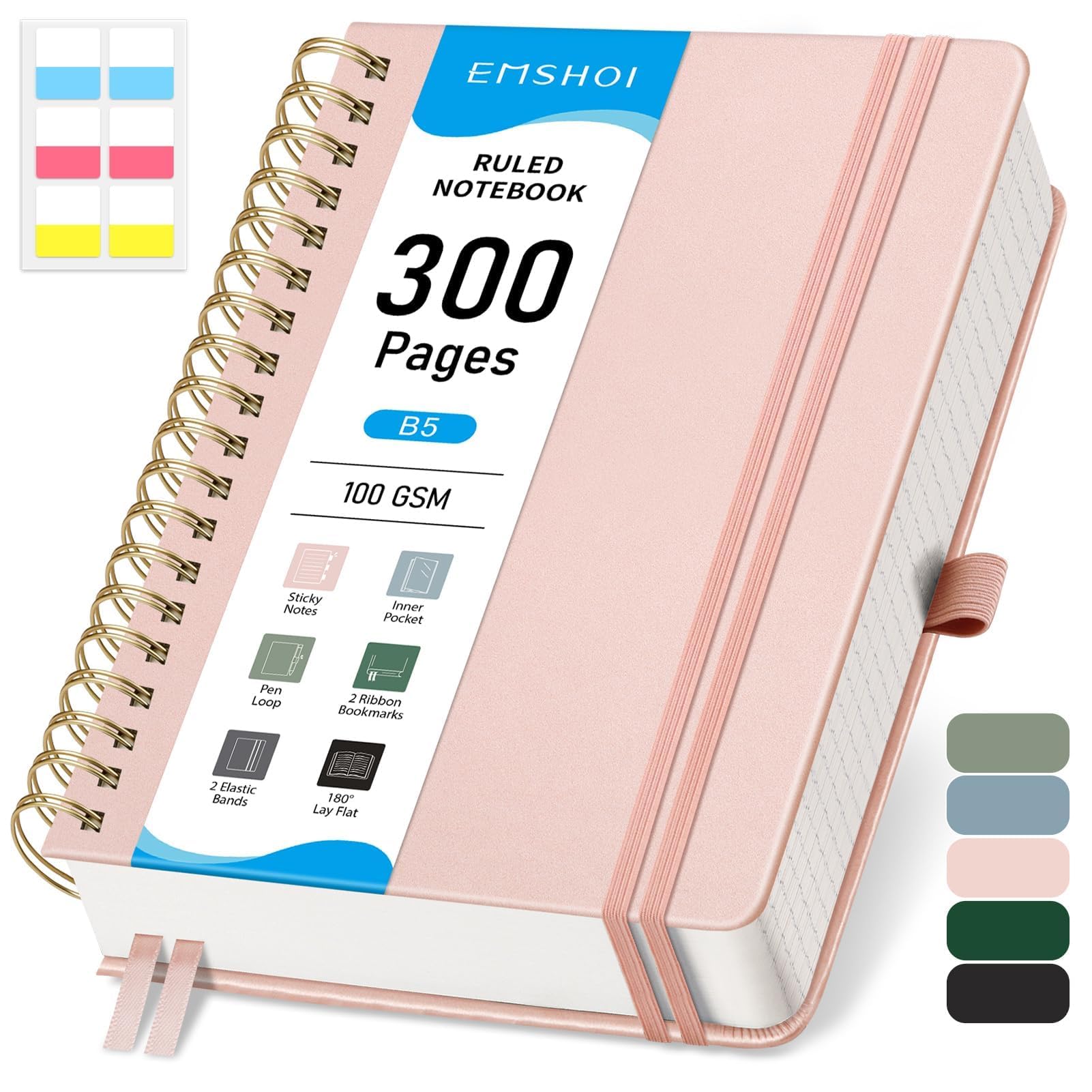 EMSHOI B5 Notebook College Ruled, Spiral Notepad 150 Sheets/300 Pages, 100gsm, HardCover, Sticky Notes, Pocket, Pen Loop, Ruler, Bookmark, Lined Journal for Women Men Writing, 19 x 25.8cm, Rose Gold