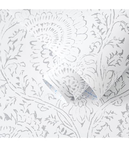 Guvana Floral Peel And Stick Wallpaper – Boho White Flower Contact Paper, Beige/Grey Vintage Farmhouse, 17.3x78.7 Inch Roll, Removable & Waterproof For Bathroom/Bedroom