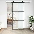 JUBEST 42in x 96in Glass Sliding Barn Door, 3-Panel Black Aluminum Frame and Clear Tempered Glass Modern French Door, Easy to Install (No Sliding Hardware Kit)