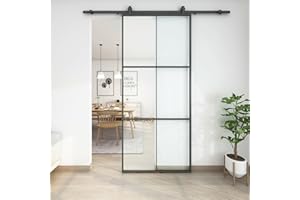JUBEST 42in x 96in Glass Sliding Barn Door, 3-Panel Black Aluminum Frame and Clear Tempered Glass Modern French Door, Easy to Install (No Sliding Hardware Kit)