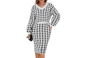 Pink Queen Women's 2 Piece Outfits Set Knit V Neck Batwing Long Sleeve Loose Top Bodycon Midi Skirt Sweater Dresses