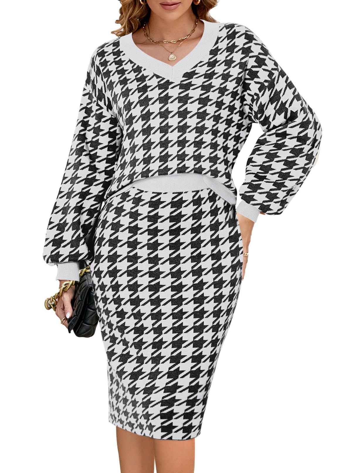 Photo 1 of **Only the Skirt** Pink Queen Women Sweater Sets 2 Piece Knit Outfit Work Holiday High Waist Bodycon Midi Skirts Dress Houndstooth Black L