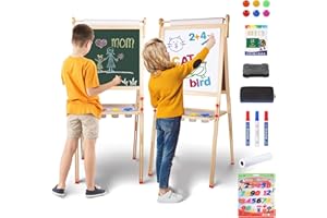 YOHOOLYO Kids Easel Wooden Children Art Easel Paper Roll,Double Sided Magnetic Whiteboard Chalkboard Dry Eraser Adjustable Height for Boys Girls Gifts