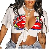 Zoyami Womens Sexy Tie Front Crop Top Short Sleeve Graphic Tee Shirt Clubwear