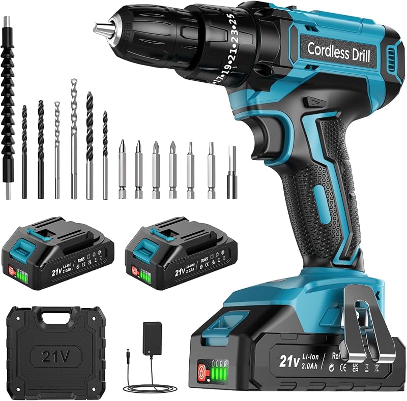 MHPRO Cordless Drill Set 21V 2 Batteries 2000mAh 42N.m 2 Speed 14 Bits