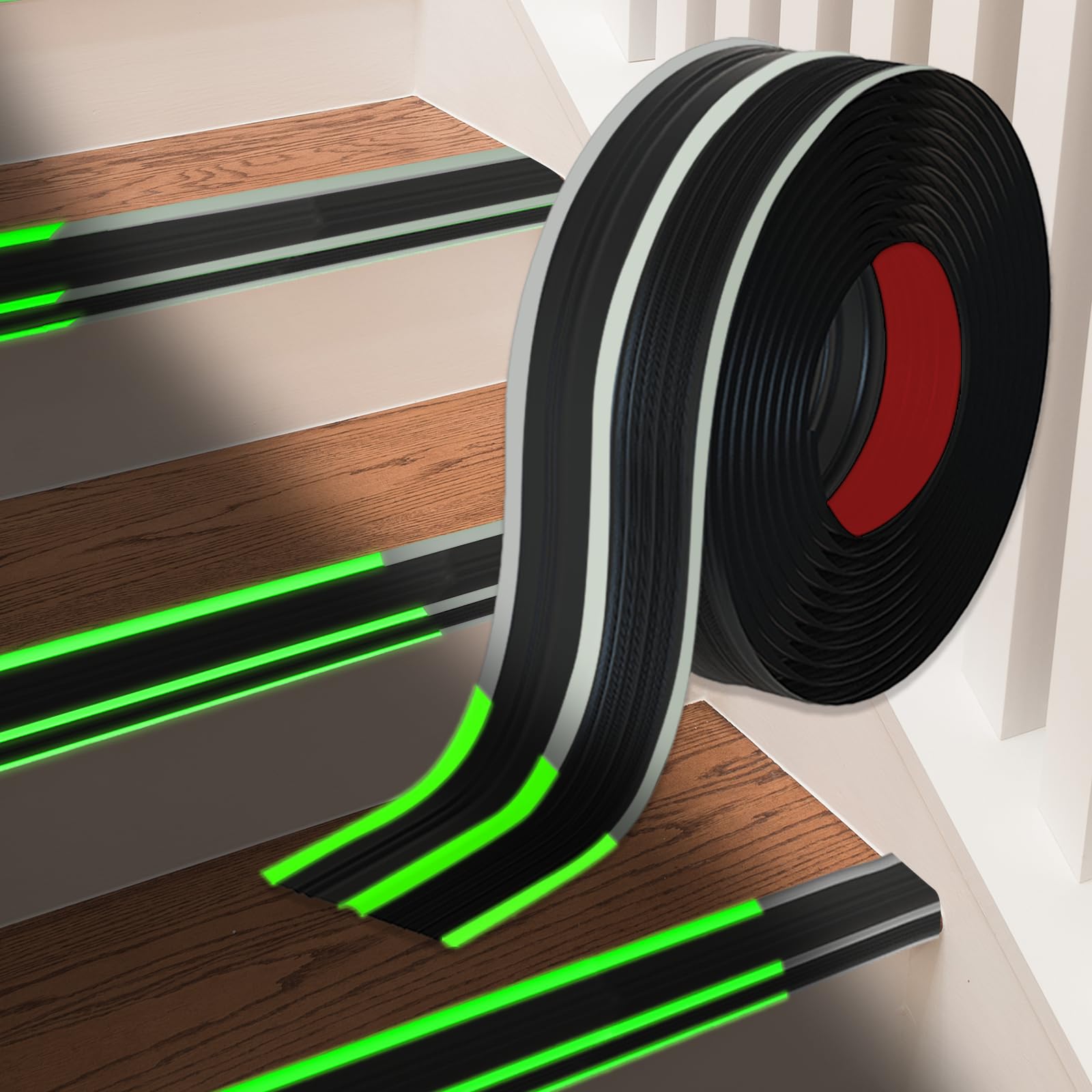 Photo 1 of [Glow in The Dark] Stair Edge Trim Protector, Rubber Anti-Slip Stair Nosing, Waterproof & Self-Adhesive Stair Edge Protector for Indoor & Outdoor Safety (Black, 3.3FT)