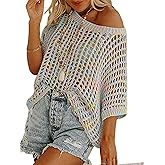Chvity Women's Summer Crew Neck Short Sleeve Sweater Casual Off Shoulder Tops Hollow Out Crochet Coverups Pullover Knit Tops