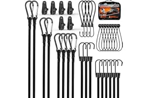 Kinzomor 35 PCS Black Bungee Cords Assorted Sizes, Heavy Duty Outdoor, 8",12",18",24",32",40" Cords with Hook & Carabiner Strap, 6 Inch Bungee Balls, Tarp Clips with Carry Bags