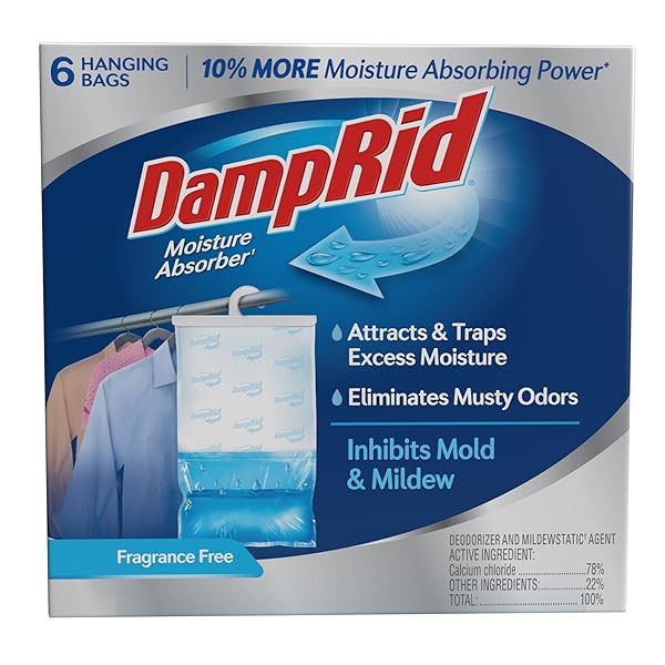 DAMPRID FRAGRANCE FREE HANGING MOISTURE ABSORBER, 15.4 OZ., 6 PACK – ELIMINATES MUSTY ODORS FOR FRESHER AIR, IDEAL MOISTURE ABSORBERS FOR CLOSET, 10% MORE MOISTURE ABSORBING POWER*