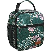 Femuar Lunch Box for Men Women Adults Small Lunch Bag for Office Work Picnic - Reusable Portable Lunchbox, Malachite Green Flower