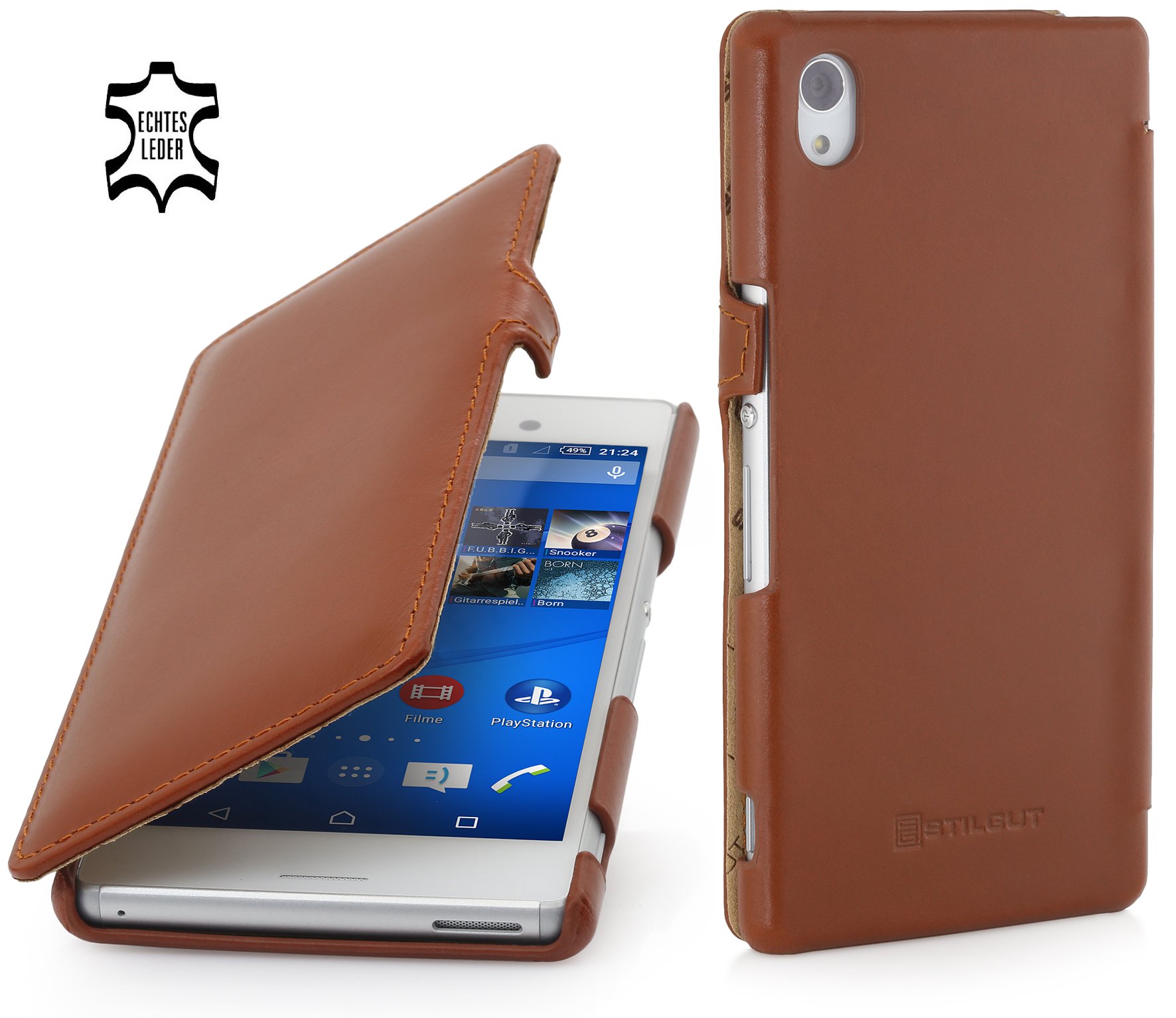 StilGut® Book Type with Clip, Leather Case for Sony Xperia M4 Aqua, Cognac Brown