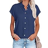 Womens Work Blouses Cap Sleeve Button Down Tops V Neck Collared Casual Business Plain Basic Summer Shirts