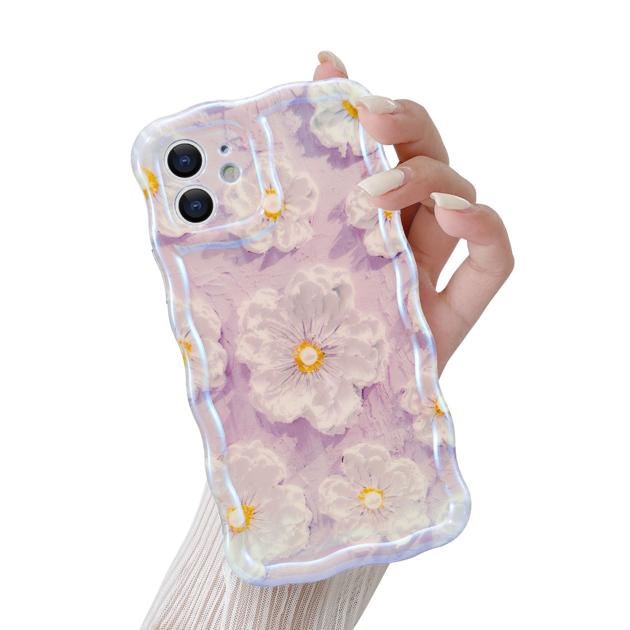 QLTYPRI Compatible with iPhone 12 Case, Oil Painting Floral Flower Pattern Design for Girls Women, Cute Curly Wave Frame Slim Soft Silicone TPU Bumper Shockproof Phone Cover for iPhone 12 - Purple #2 — image 1