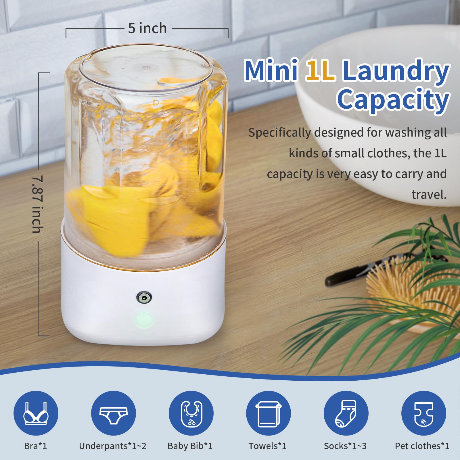 Mini Portable Washing Machine - USB Rechargeable 1L Small Washer with 2 Modes Deep Cleaning for Underwear, Socks & Baby Clothes, Compact Travel Laundry for Apartment, Dorm, Camping, White