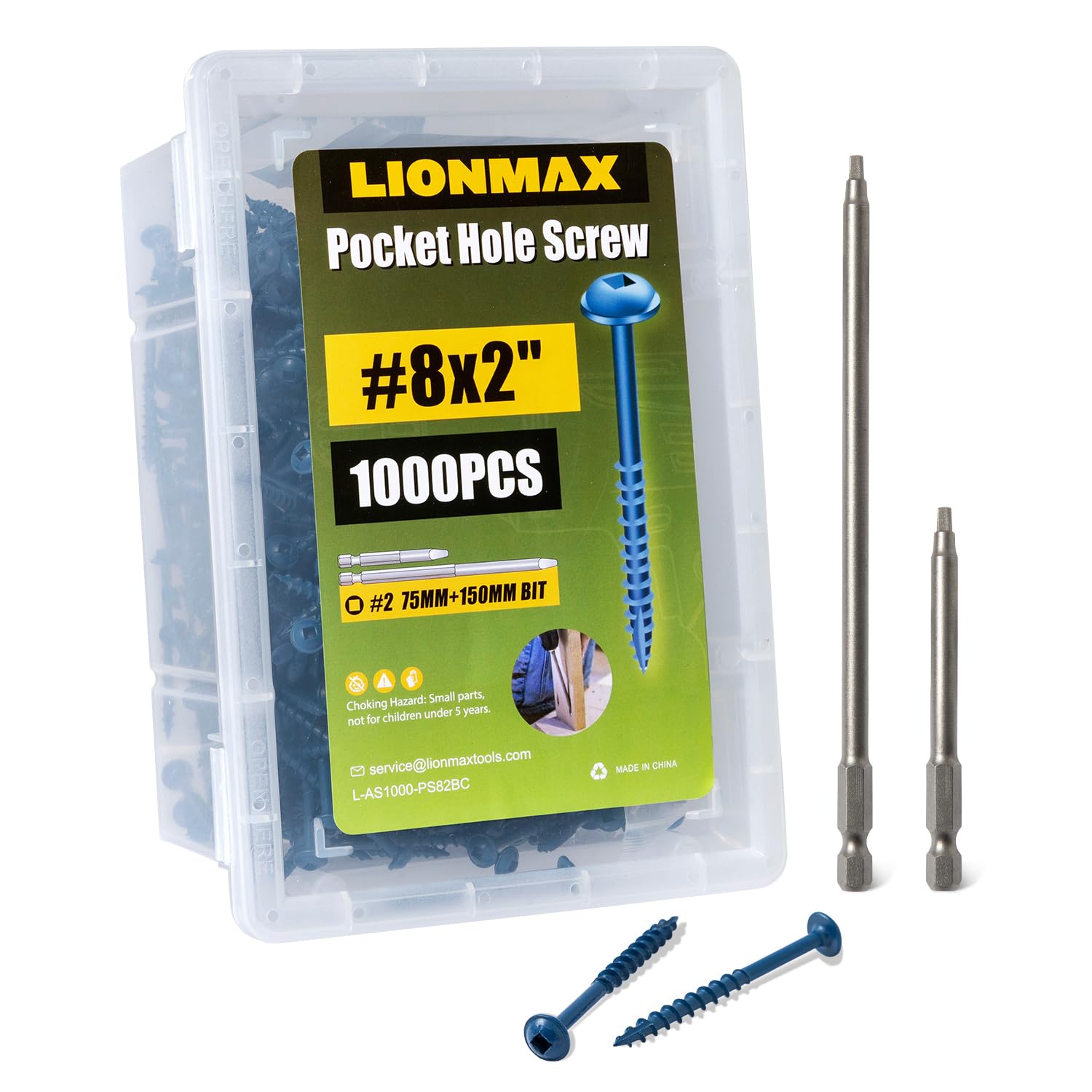 LIONMAX Pocket Hole Screws 2 Inch, 1000 PCS Exterior Pocket Screw #8 x 2, Coarse Thread, Square Drive, Blue Coated Weather Resistant Pocket Hole Screws, 150MM Drive Bit Included Image