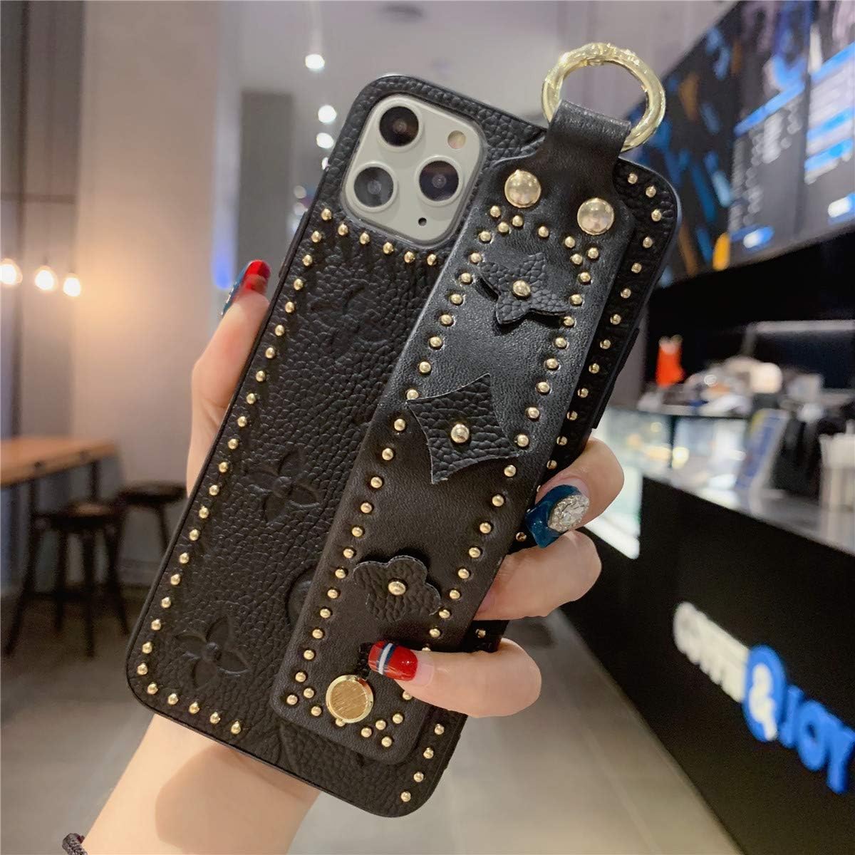 OEMDIY Case for iPhone 11 Pro Max Luxury Leather Cases Silicone Soft Phone Case Back Cover with Wrist Strap Stand 6.5 inch (Black)