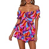 Fixmatti Women's Color Block Romper Off The Shoulder Short Sleeve Ruffle Jumpsuits Playsuit