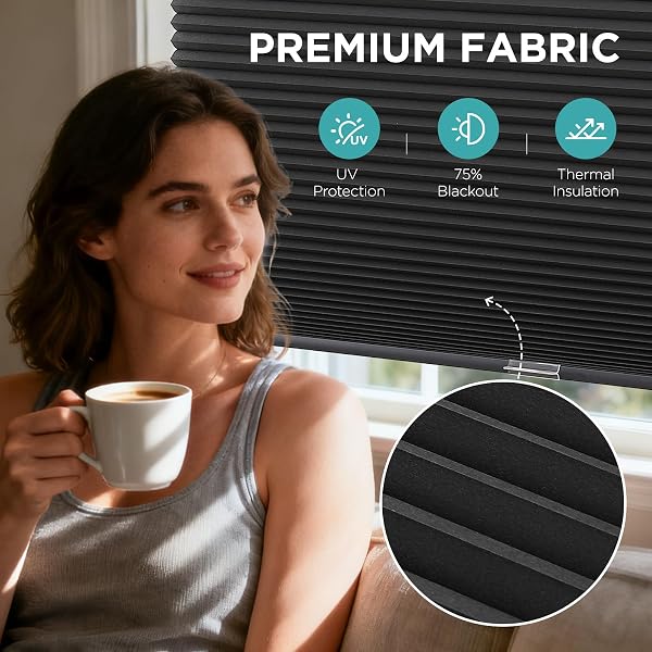 JOYDECO NO TOOLS NO DRILL CORDLESS CELLULAR SHADES, LIGHT FILTERING HONEYCOMB BLINDS FOR INDOOR WINDOWS, THERMAL INSULATING & NOISE REDUCING (BLACK, 26″ W X 64″ H)