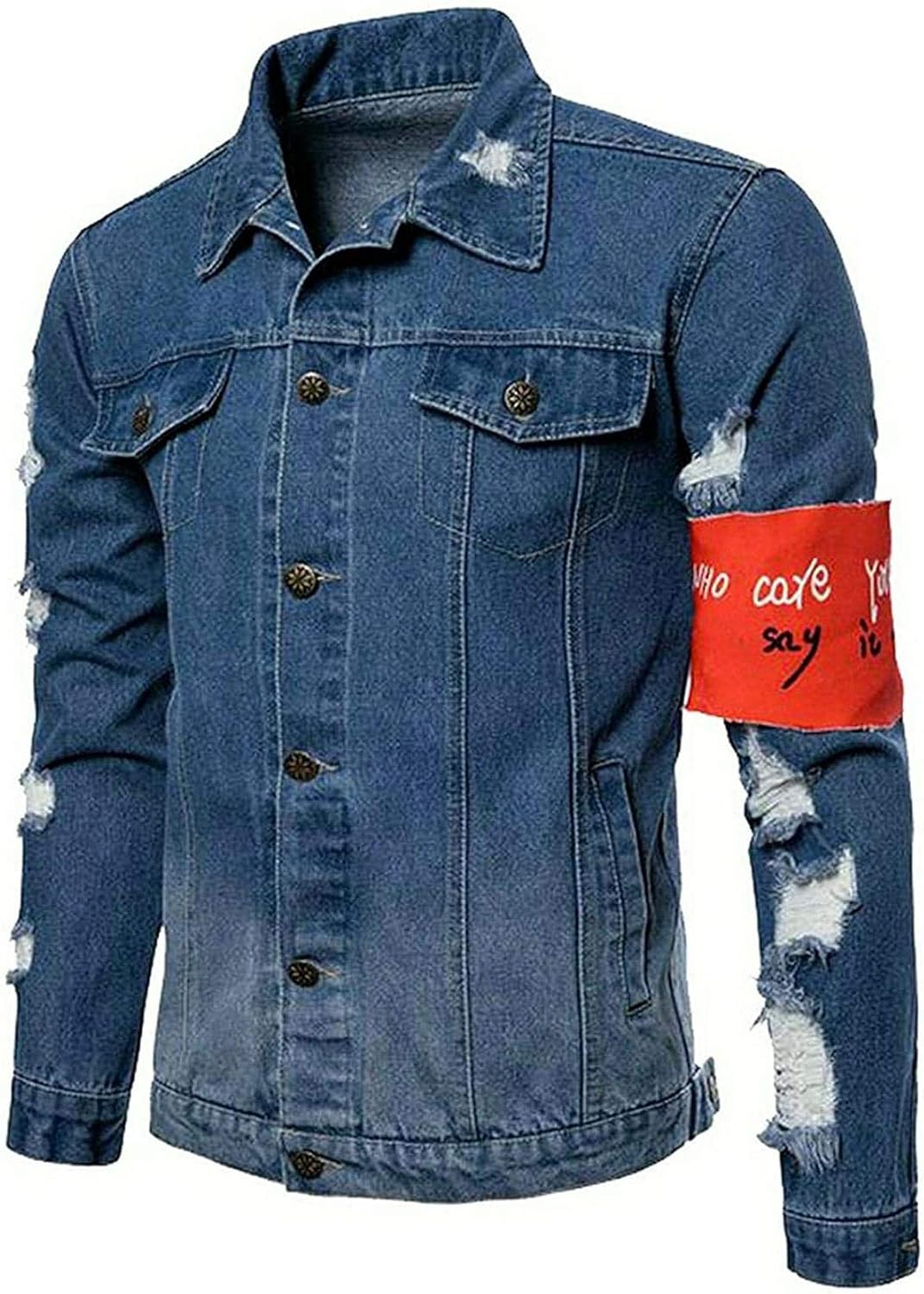 SYTX Mens Classic Ripped Destroyed Buttons Washed Denim Jacket Cowboy