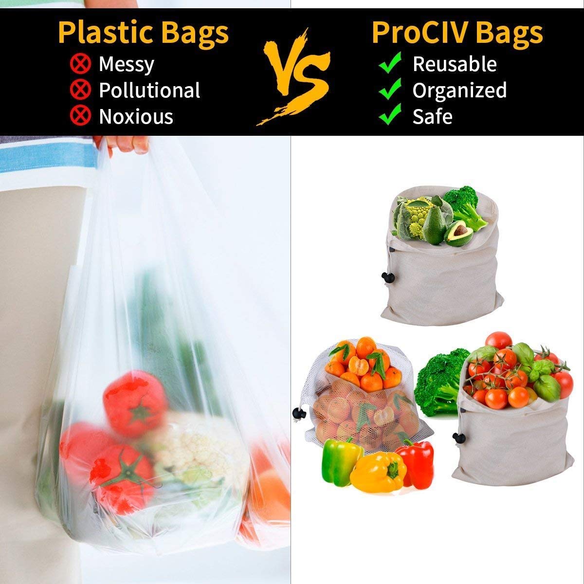 Reusable Produce Bags,WU-MINGLU Eco-Friendly Organic,Safe Freshness, 4 Sizes Muslin Cotton Drawstring & Premium Mesh Bag Set, Washable For Grocery Shopping,Storage and Vegetables(9Pack)