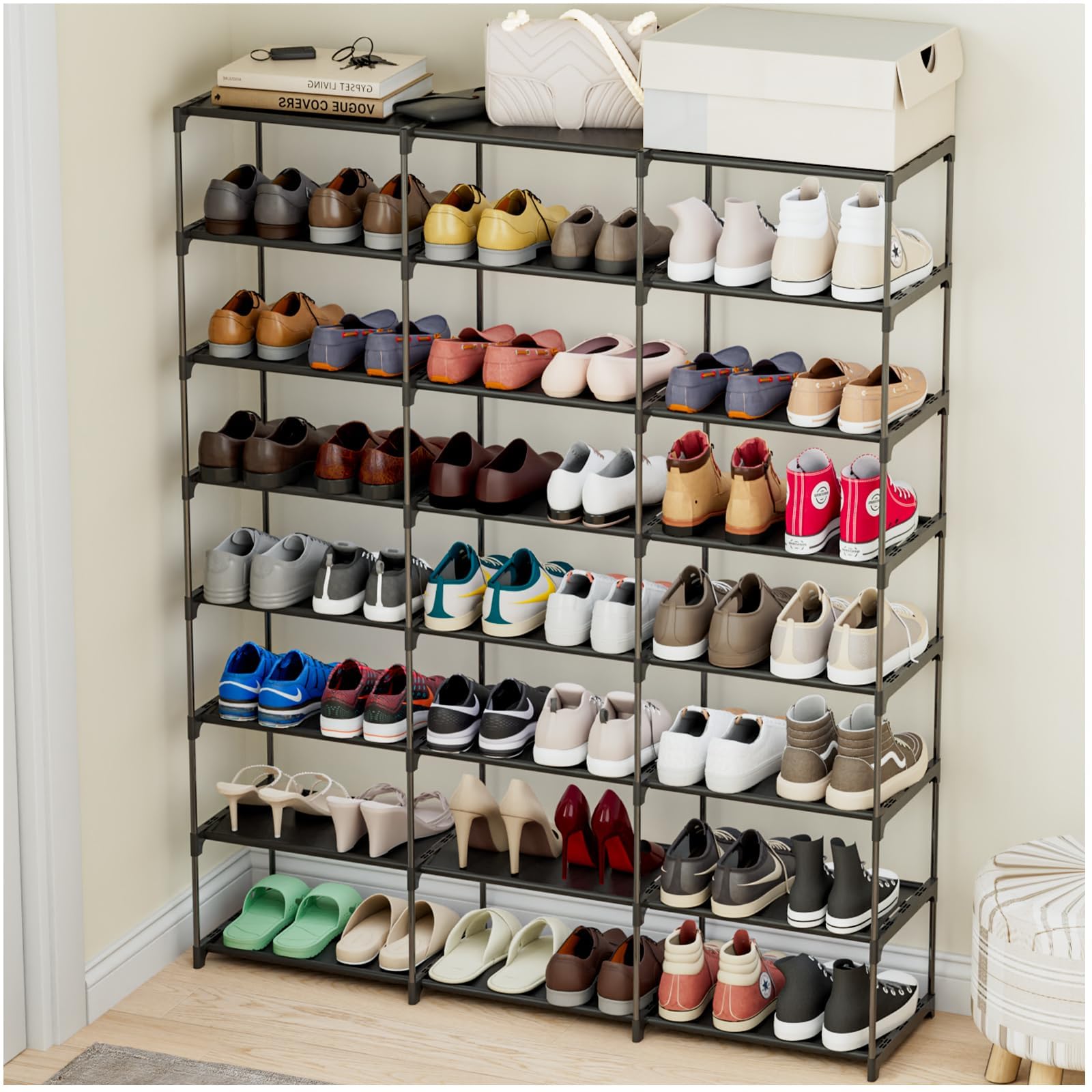 Photo 1 of SMILHELTD Large Shoe Rack 3 Row 8 Tier 40-60 Pairs Big Shoes Shelf with Waterproof Plastic Plate Sturdy Sneaker Storage Organizer for Garage Entryway Hallway Front Doorway 50.8" W x 49.2" H x 10.8" H
