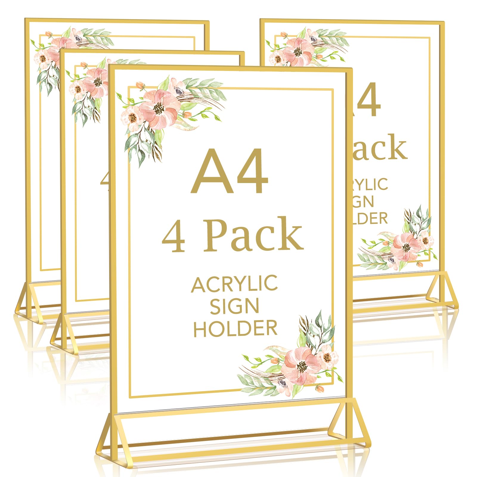 DMSELL 4 Pack A4 Acrylic Sign Holder with Gold Border, A4 Display Stand for Table Menu, Gold Menu Holders for Wedding, Restaurant Signs(Double Sided)