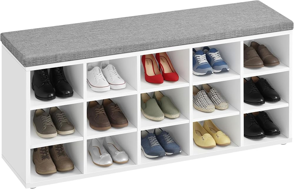 VASAGLE Shoe Bench Storage Bench 15 Compartments 30 x 105 x 48 cm Cloud White
