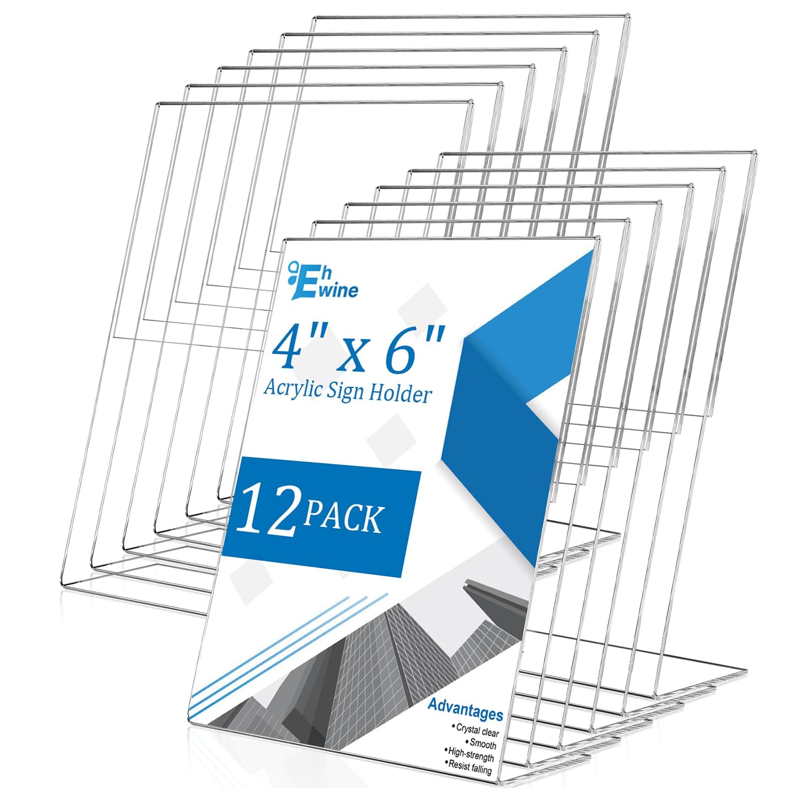 Photo 1 of EHWINE 12 Pack 4 x 6 Acrylic Sign Holder, Clear Plastic Signs Display Stand, Vertical Slanted Back Paper Holder Stand up Table Top Sign Holders Flyer Stand Frames Suitable for Office Business Store