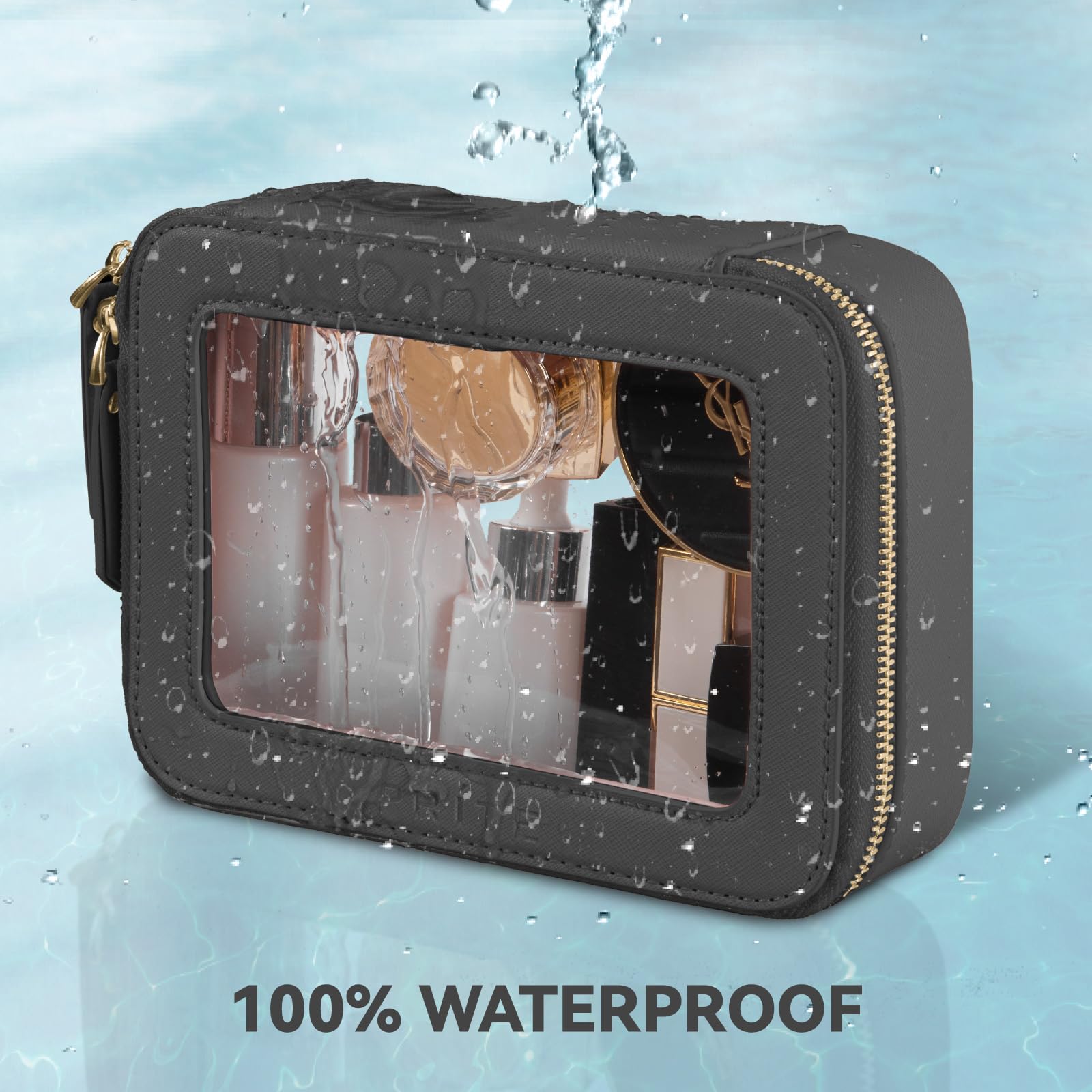 Prite Transparent Kosmetiktasche Durchsichtig Kulturtasche Damen Make Up Tasche Reise wasserdichte Kulturbeutel Auto Organizer mit Goldenem Doppelreißverschlüss (Schwarz)