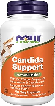 Suplementos Now Candida, suporte com óleo de pau D'Arco, óleo de orégano, nogueira preta e ácido caprilico, 90 cápsulas vegetais