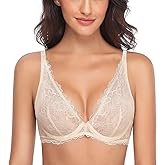 Wingslove Lace Bra for Women Unlined Sexy See Through Deep V Bralette Underwire Bra