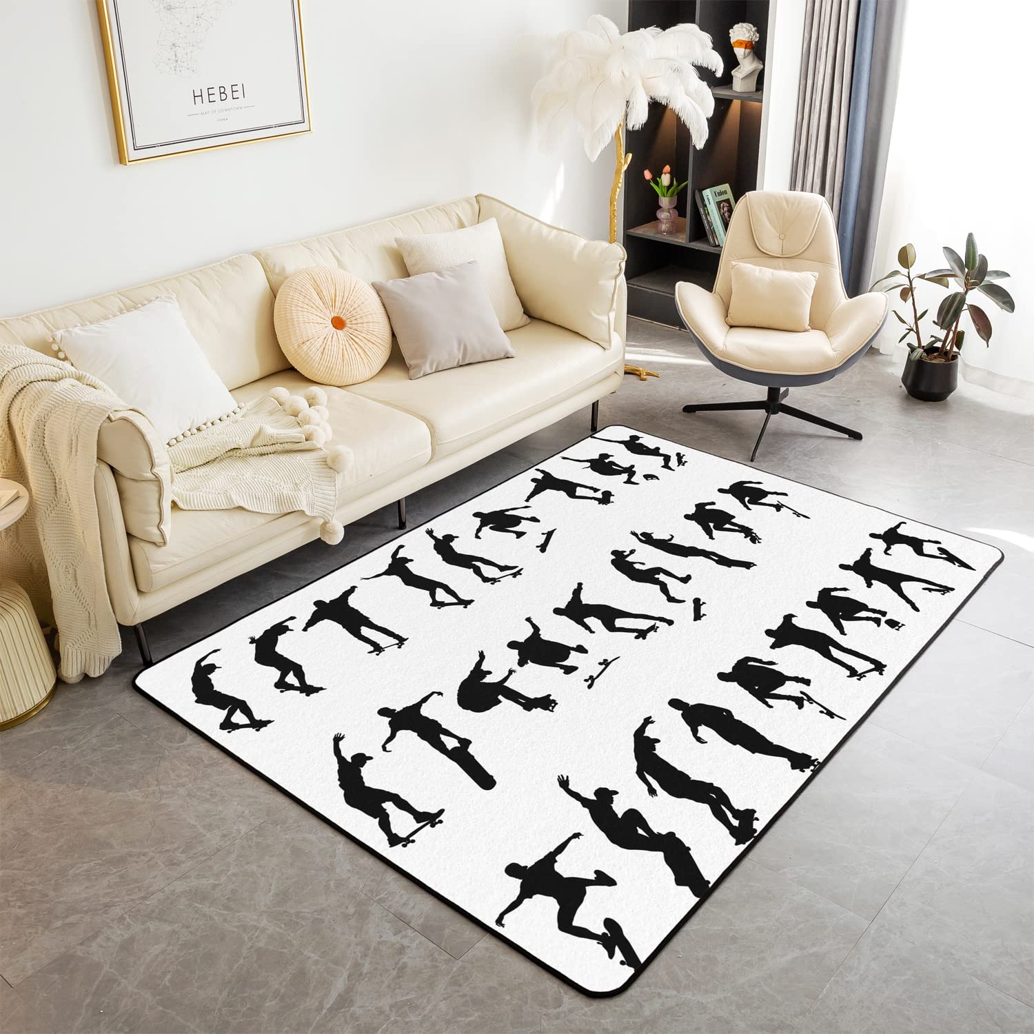 Skateboard Area Rug Extreme Sports Theme Living Room Rugs for Decor Hippie Skate Board Indoor Floor Mat Silhouette Black Accent Rug Bedroom 100 * 150cm